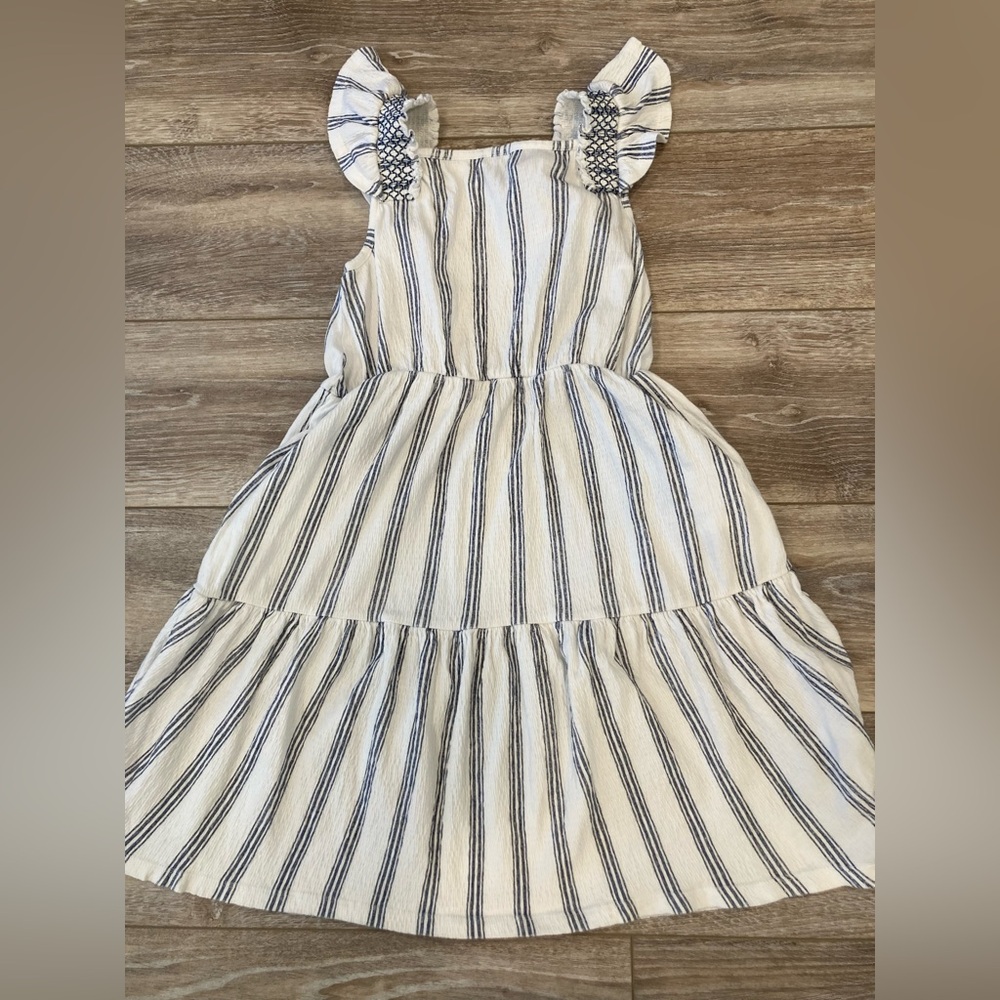 Lands End Girls White and Navy Stripe Ruffle-Sleeve Dress